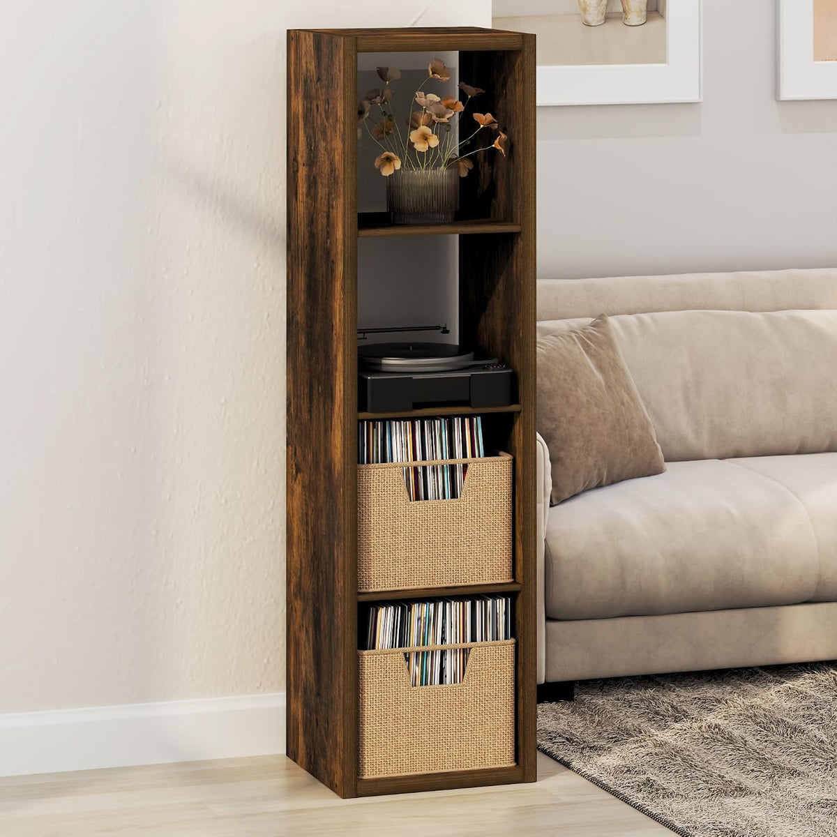 Cubicle Record Player Stand, 4-Cube Vinyl Record Storage,Amber Pine