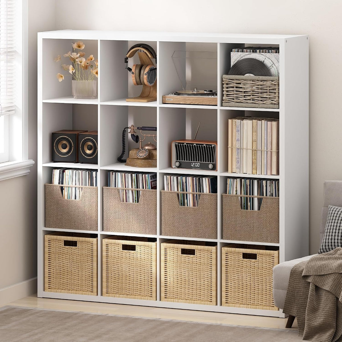 Cubicle Record Player Stand, 16-Cube Vinyl Record Storage, White