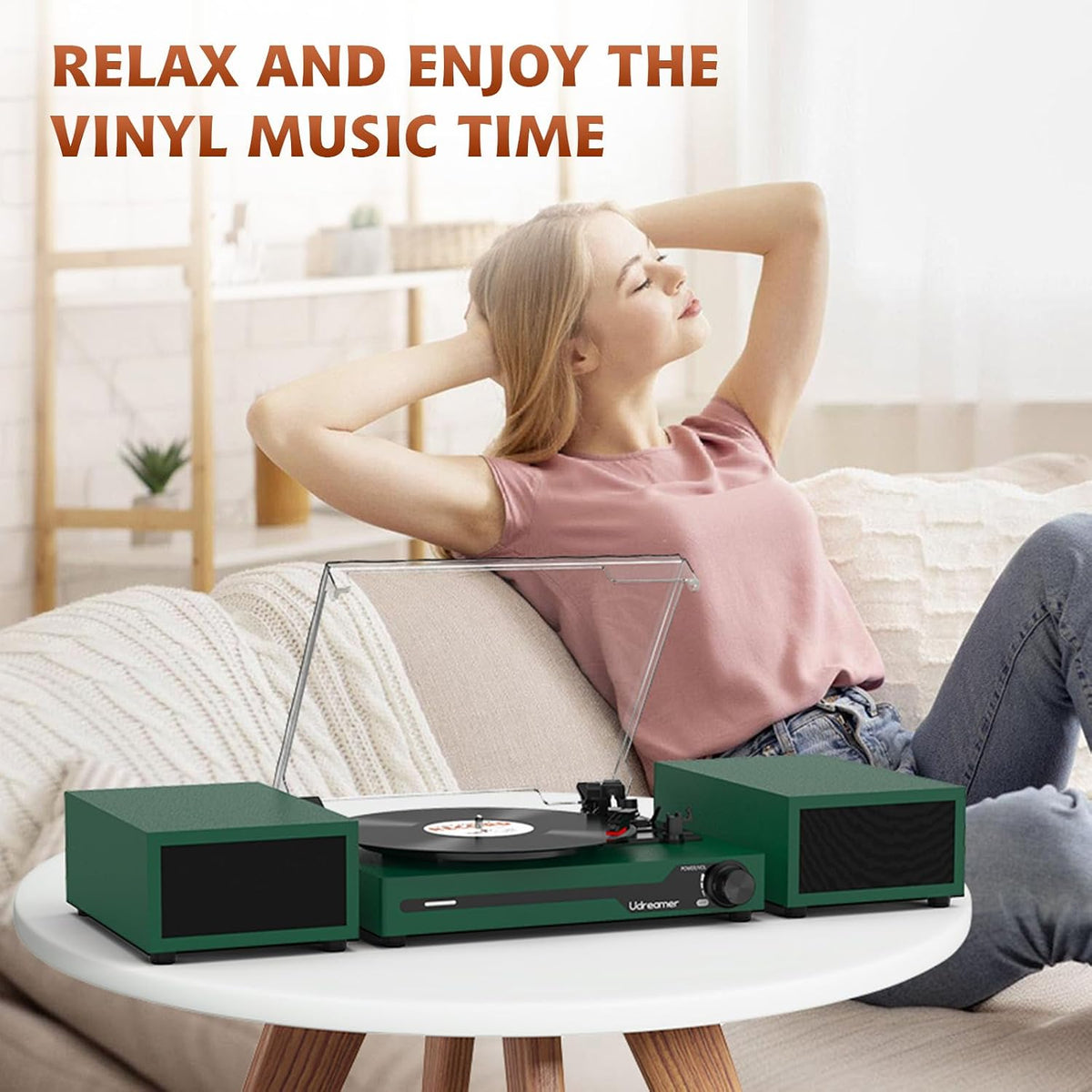 Vinyl Record Player with External Speakers, Bluetooth Turntable, Darkgreen