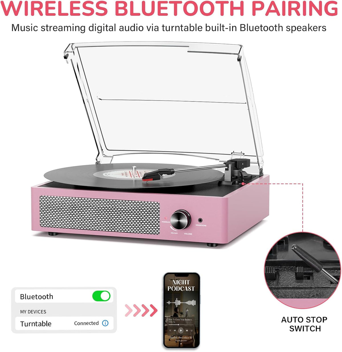 Record Player with Speakers Belt-Driven Vintage Turntables 3 Speed 3 Size Wireless Bluetooth Playback Aux-In RCA Out Headphone LP Vinyl Players Auto Stop Purple Pink