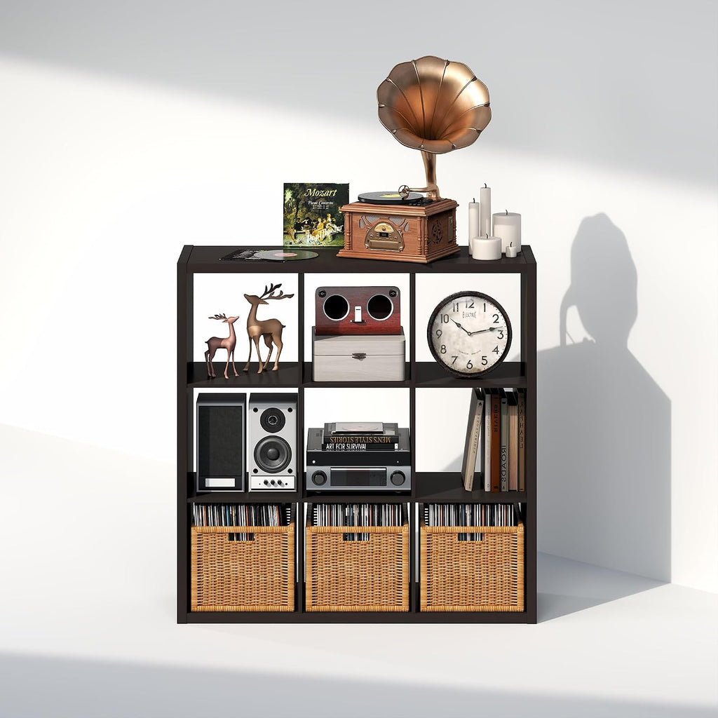 Cubicle Record Player Stand, 9-Cube Record Storage, Dark Oak