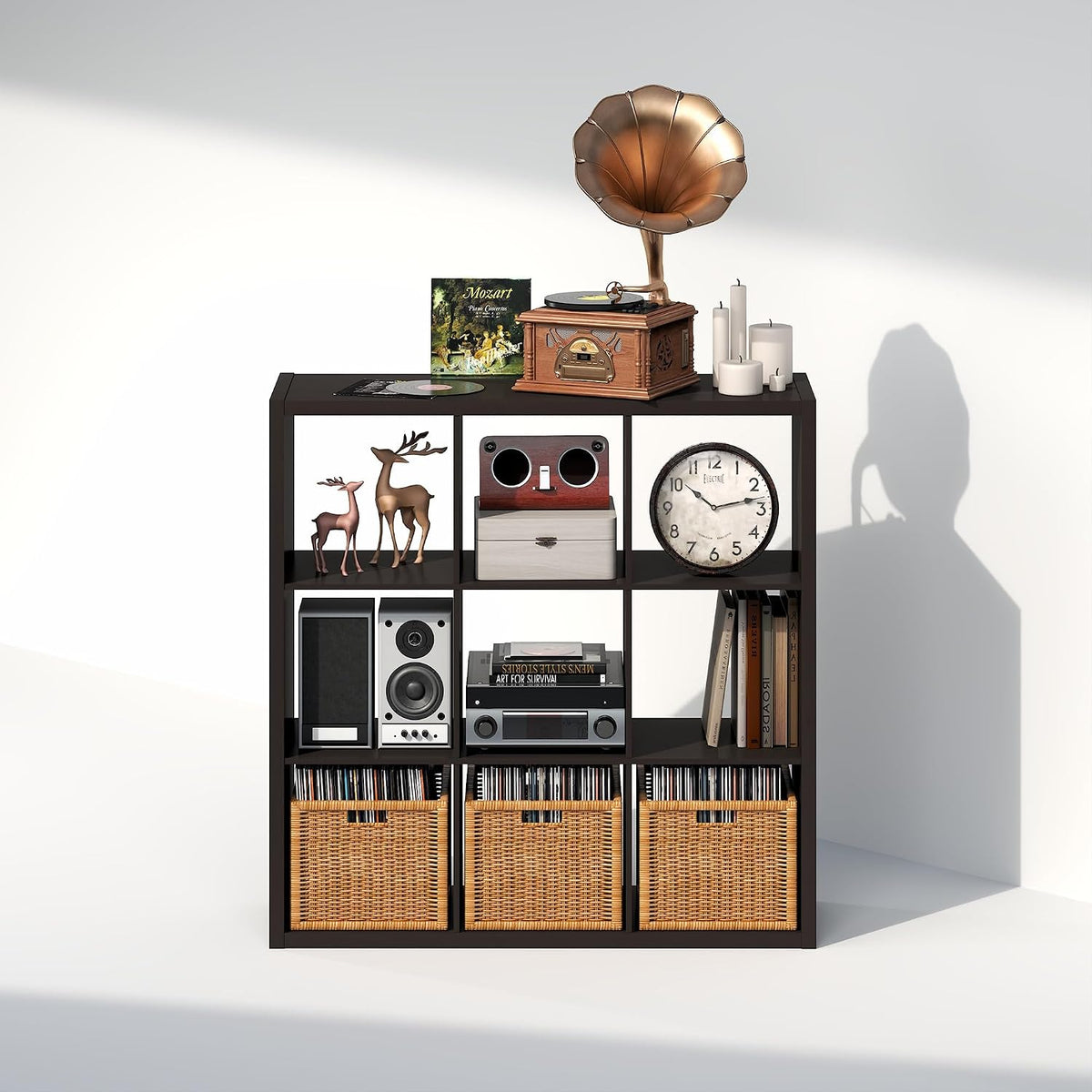 Cubicle Record Player Stand, 9-Cube Record Storage, Dark Oak
