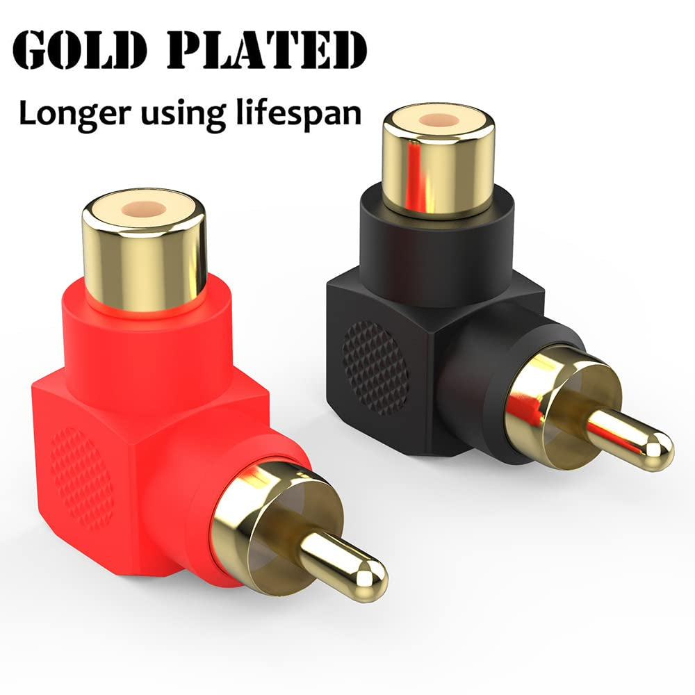 RCA Male to Female Adapter Right Angle 4-Pack, RCA M/F Connector 90 Degree Elbow Gold-Plated (2 Black + 2 Red)