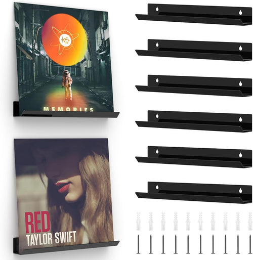 Vinyl Record Wall Mount, 12 Inch Black Acrylic Record Shelf, 6 Pack Vinyl Record Wall Display Holder for Daily LP Listening