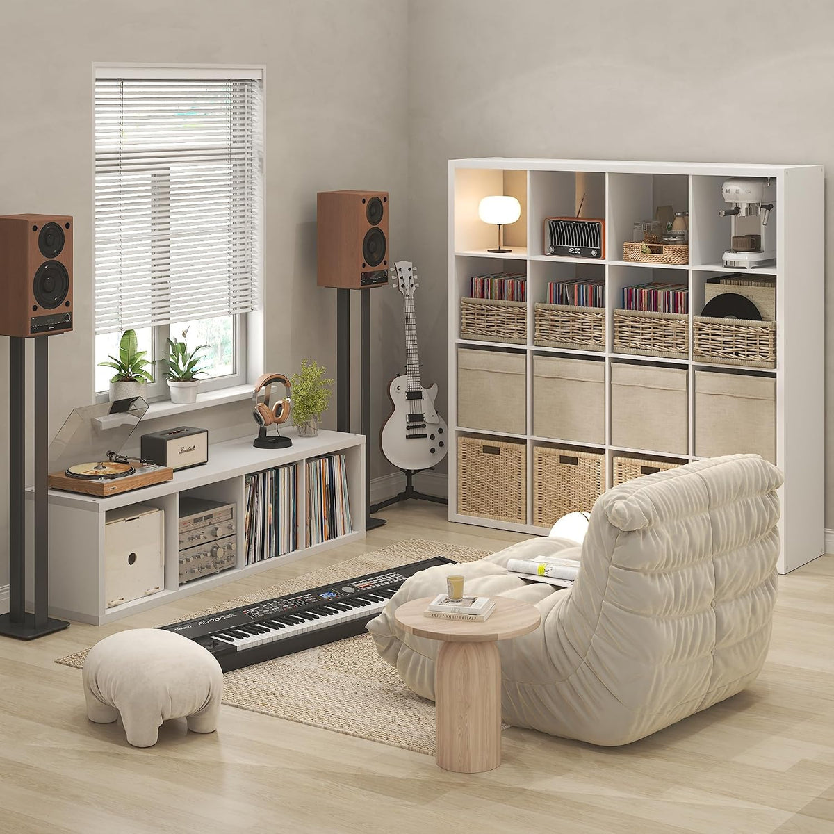 Cubicle Record Player Stand, 16-Cube Vinyl Record Storage, White