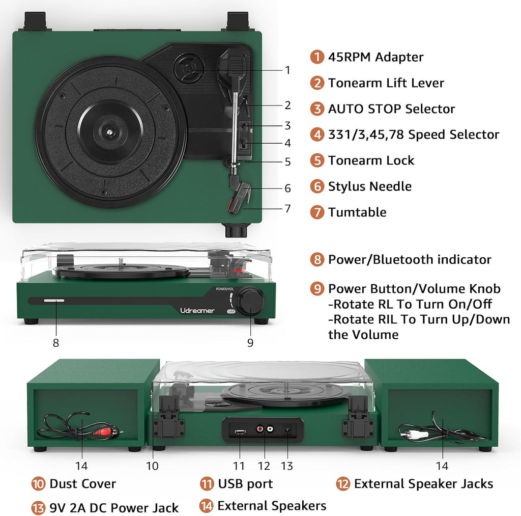 Vinyl Record Player with External Speakers, Bluetooth Turntable, Darkgreen