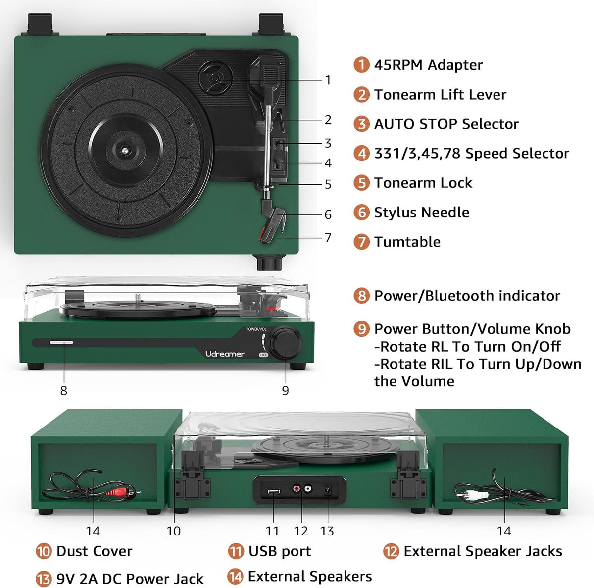 Vinyl Record Player with External Speakers, Bluetooth Turntable, Darkgreen