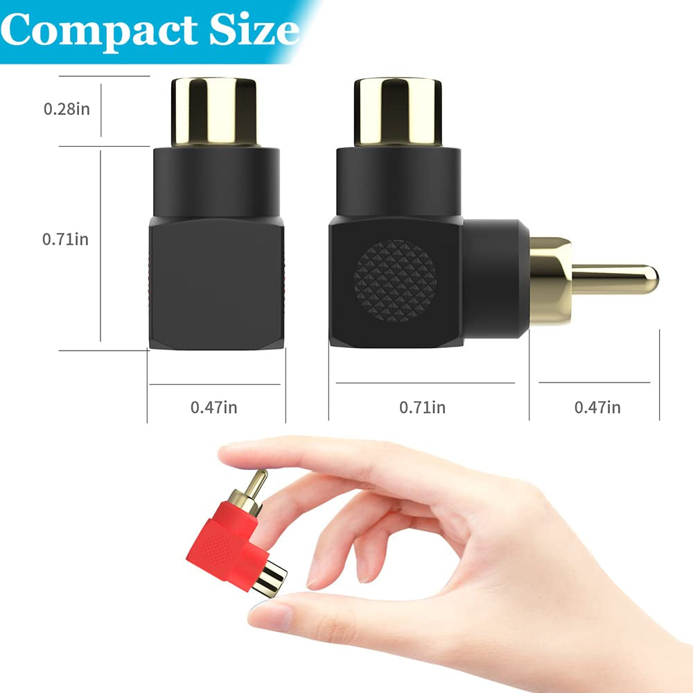 RCA Male to Female Adapter Right Angle 4-Pack, RCA M/F Connector 90 Degree Elbow Gold-Plated (2 Black + 2 Red)