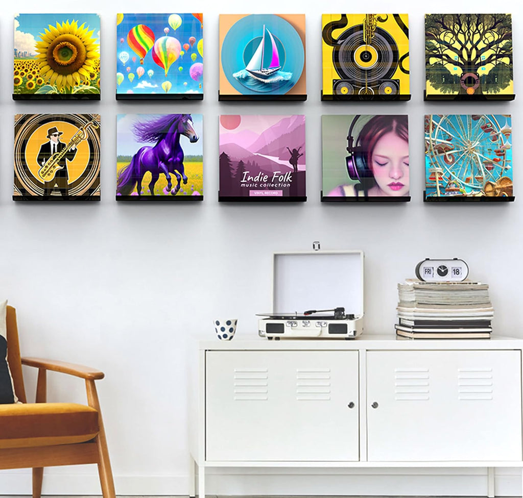 Vinyl Record Wall Mount, 12 Inch Black Acrylic Record Shelf, 6 Pack Vinyl Record Wall Display Holder for Daily LP Listening
