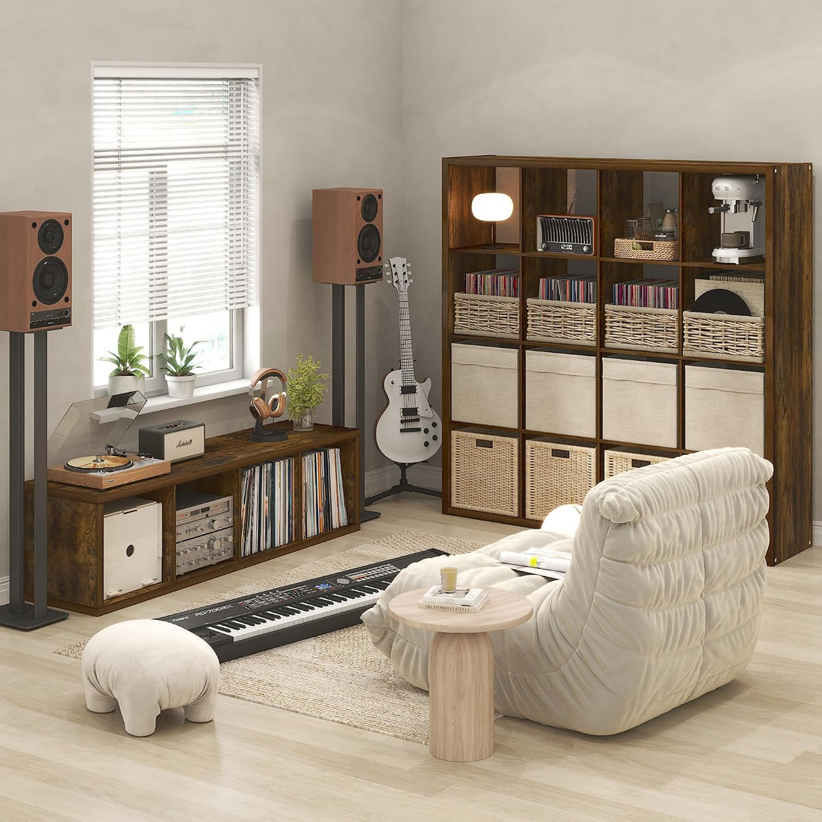 Cubicle Record Player Stand, 12-Cube Record Storage, Amber Pine