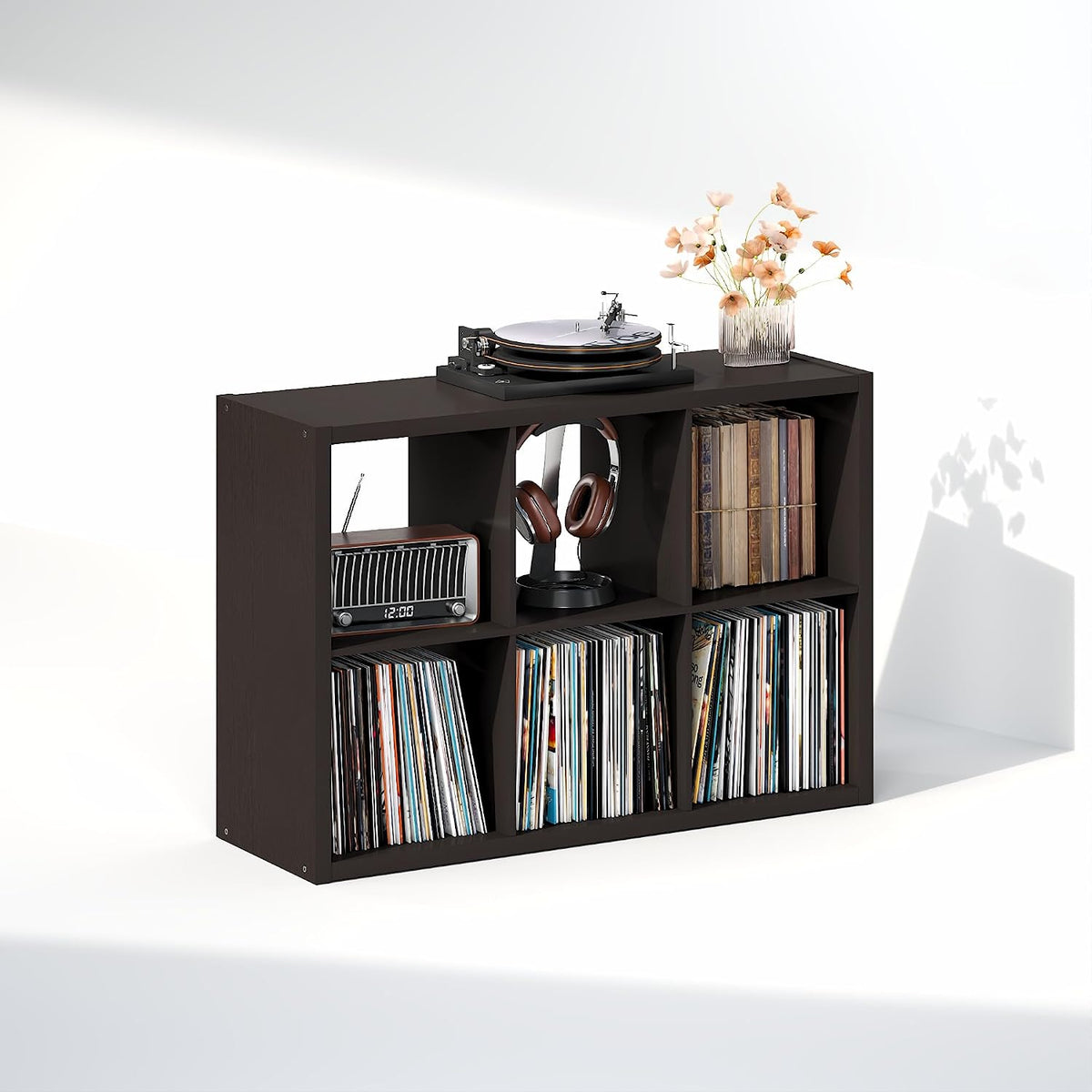 Cubicle Record Player Stand, 6-Cube Record Storage, Dark Oak