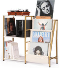Stand for Record Player, 3 Tier Vinyl Record Storage with Now Playing Holder, Turntable Stand, Vinyl Display with Speaker Storage for Living Room, Gold White