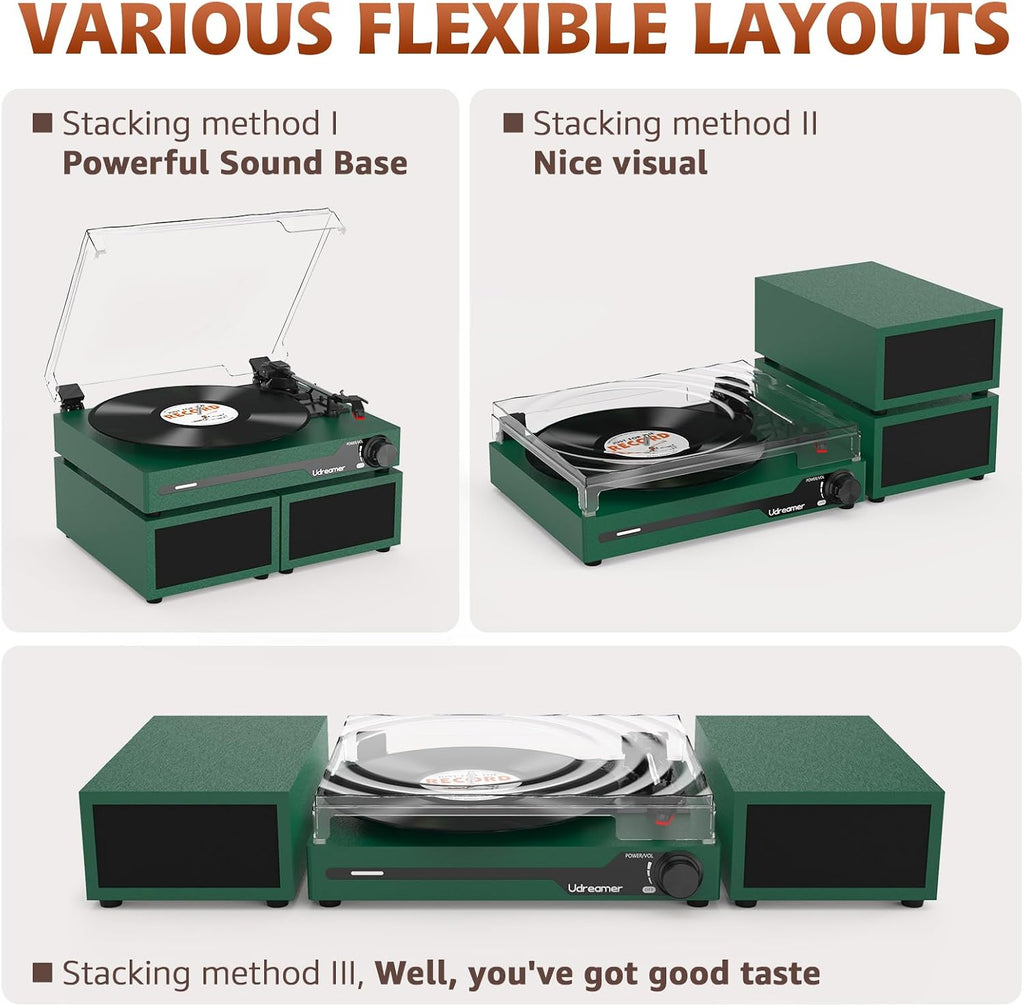 Vinyl Record Player with External Speakers, Bluetooth Turntable, Darkgreen