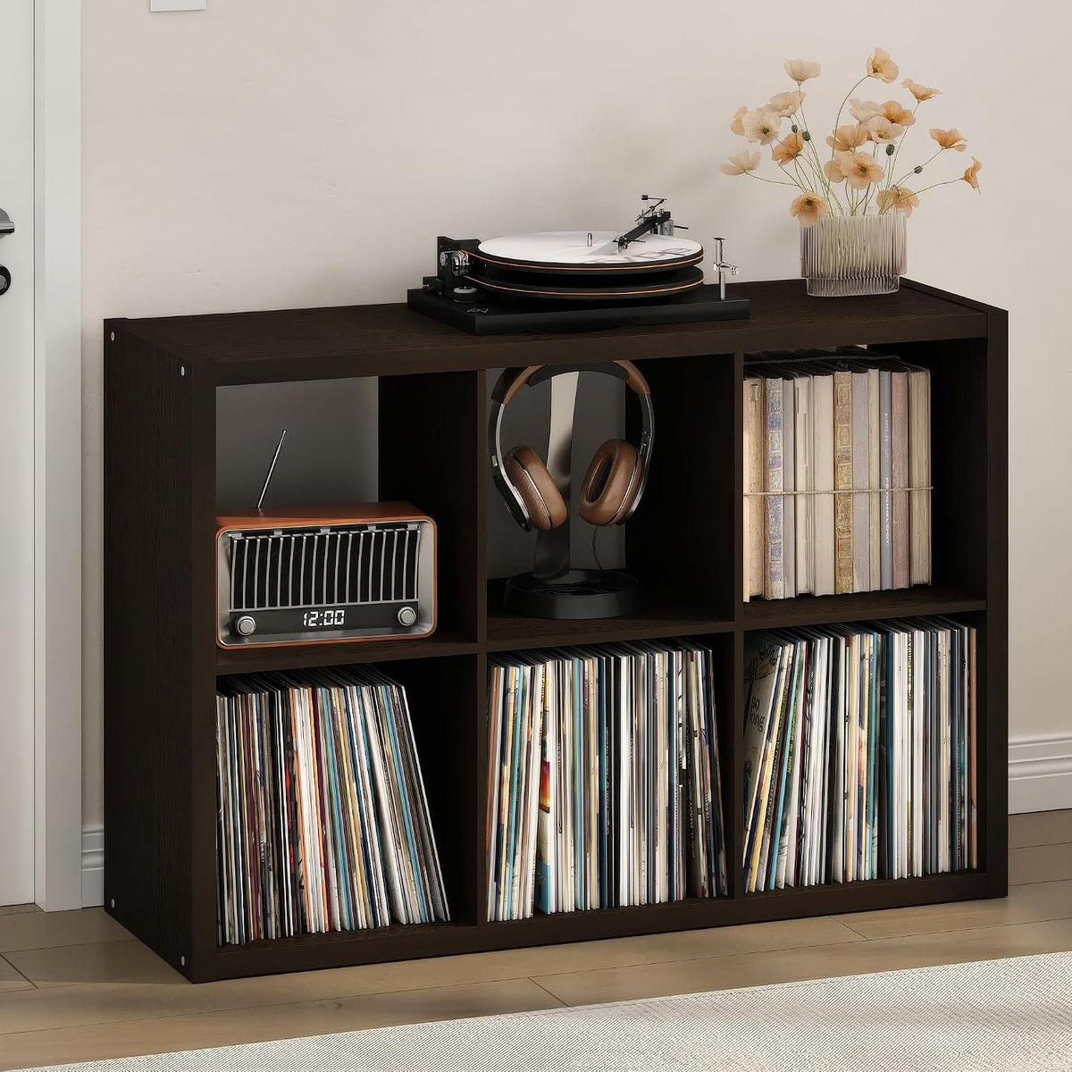 Cubicle Record Player Stand, 6-Cube Record Storage, Dark Oak