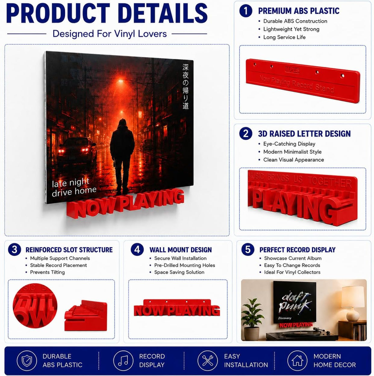 Now Playing Vinyl Record Stand Wall Mount，Record Display Stand for Vinyl Records and LP Record Floating Shelves Record Storage Holder(Red)