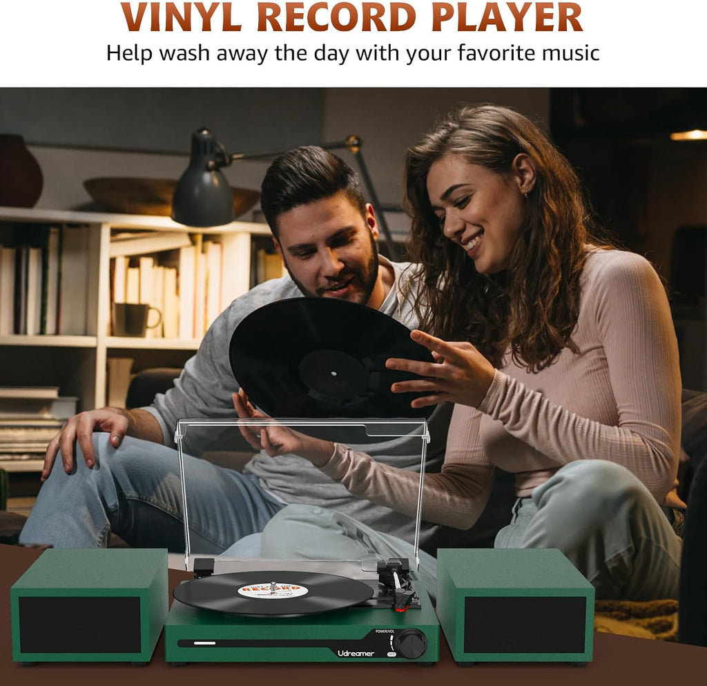 Vinyl Record Player with External Speakers, Bluetooth Turntable, Darkgreen