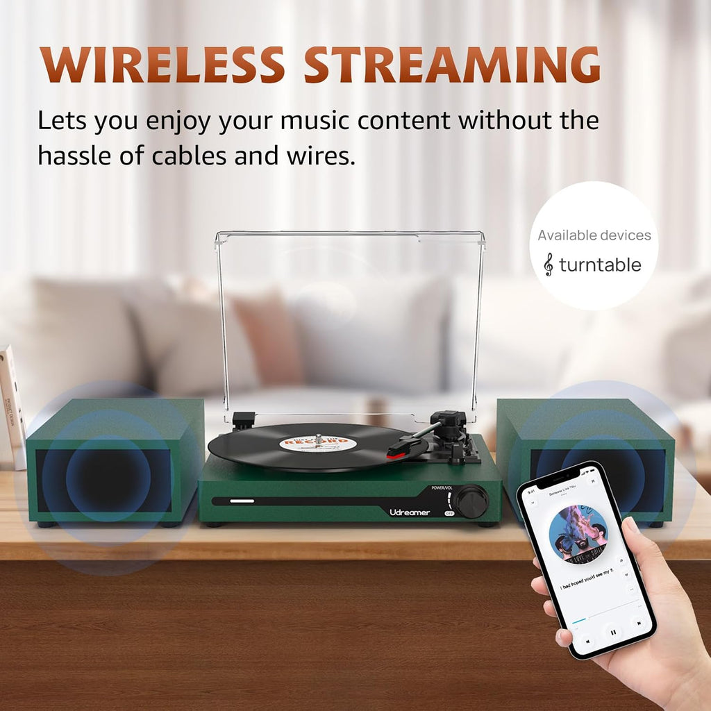 Vinyl Record Player with External Speakers, Bluetooth Turntable, Darkgreen