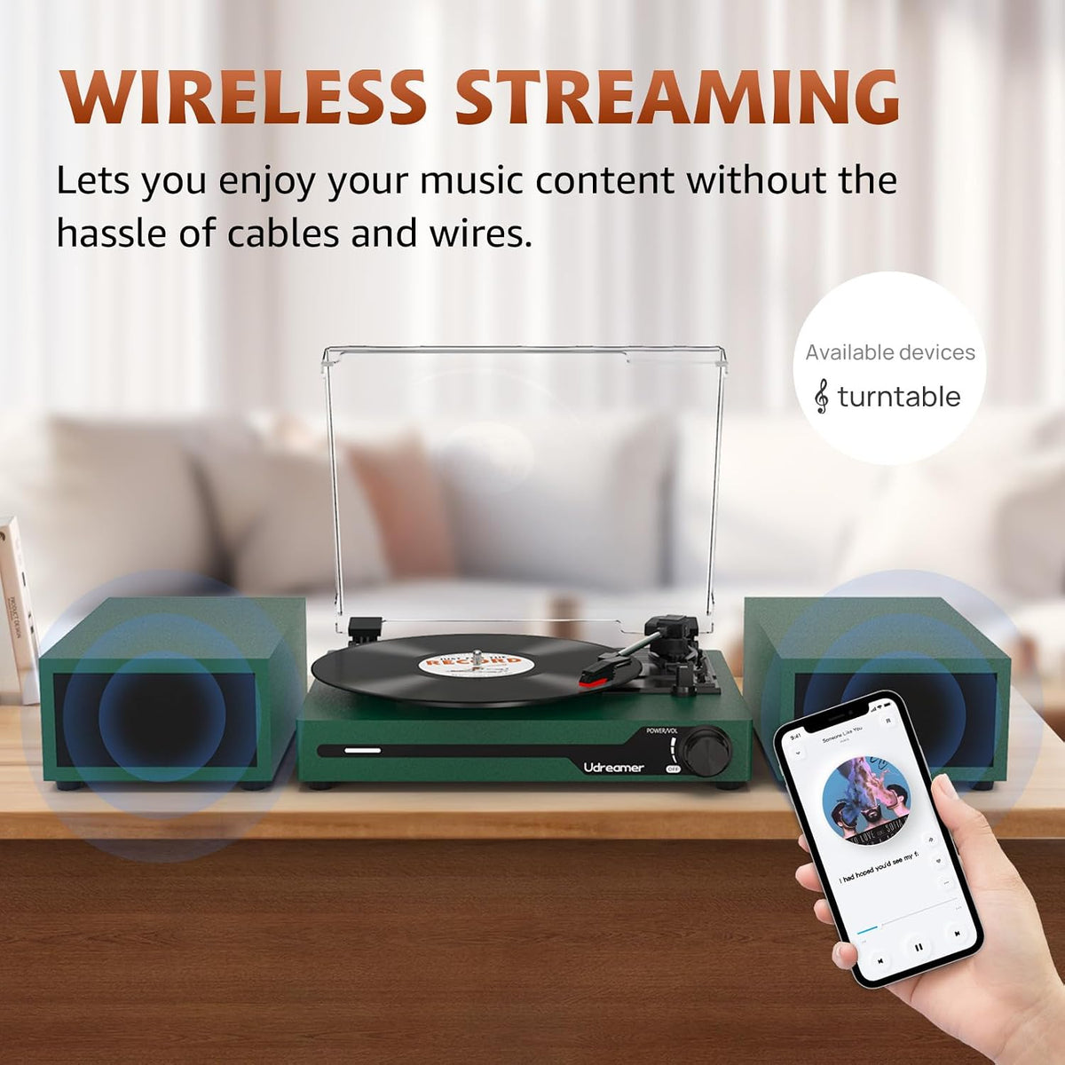 Vinyl Record Player with External Speakers, Bluetooth Turntable, Darkgreen