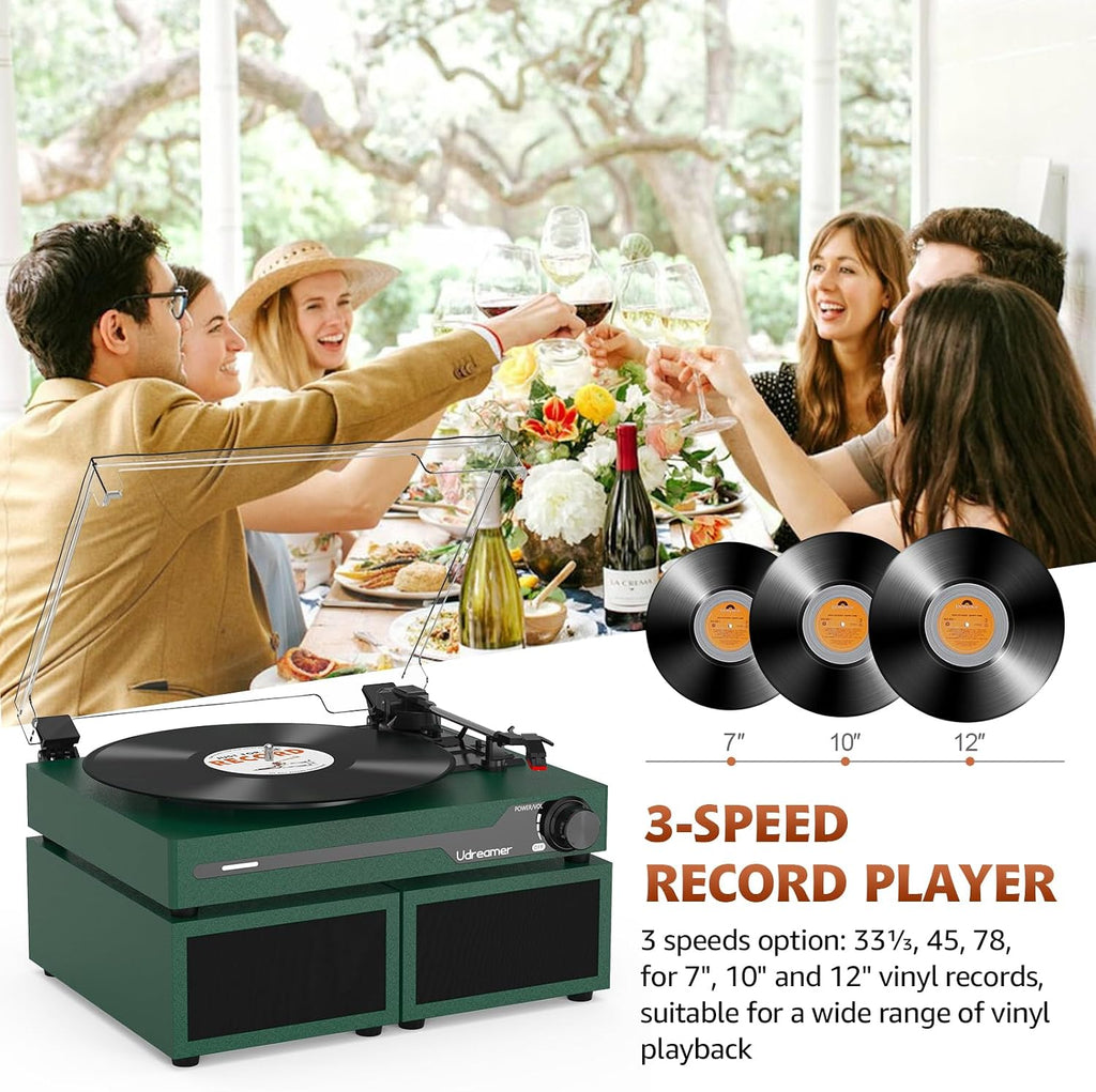Vinyl Record Player with External Speakers, Bluetooth Turntable, Darkgreen