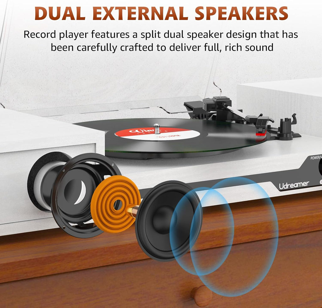 Vinyl Record Player with External Speakers, Bluetooth Turntable, White