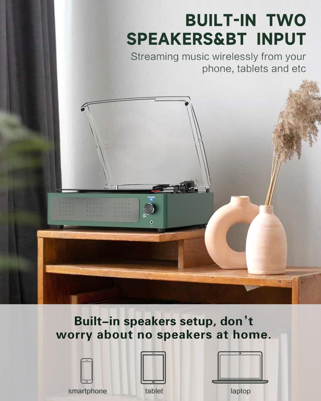 Vinyl Record Players Turntable with Speakers,Grass Green