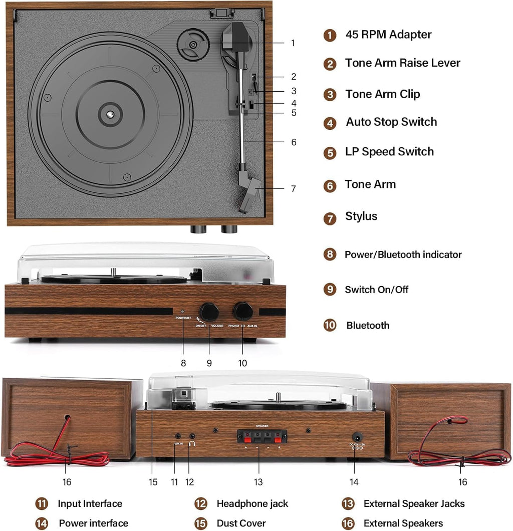 Vinyl Record Player with 2 External Stereo Speakers, Bluetooth, 3-Speed