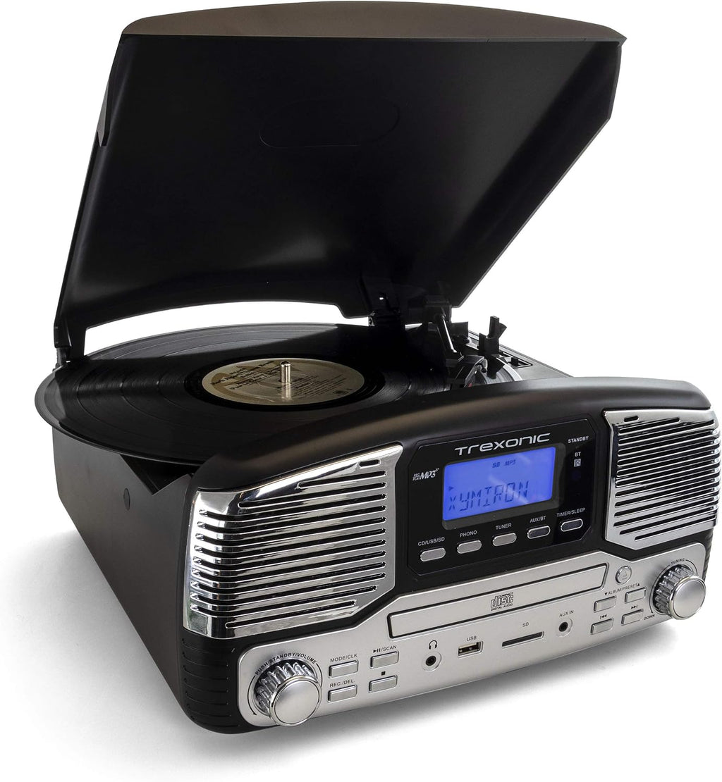 Retro Record Player with Bluetooth, CD Players and 3-Speed Turntable in Black
