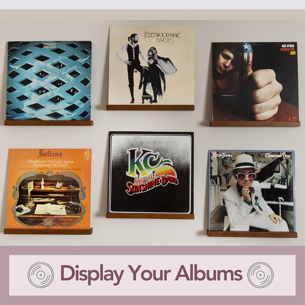 Vinyl Wall Mount Pack of 6 Pinewood Vinyl Record Holder Wall Mount with 2 Mounting Options Vinyl Shelf Walnut Stain Finish Vinyl Record Display - Vinyl Record Shelf - Vinyl Record Wall Mount