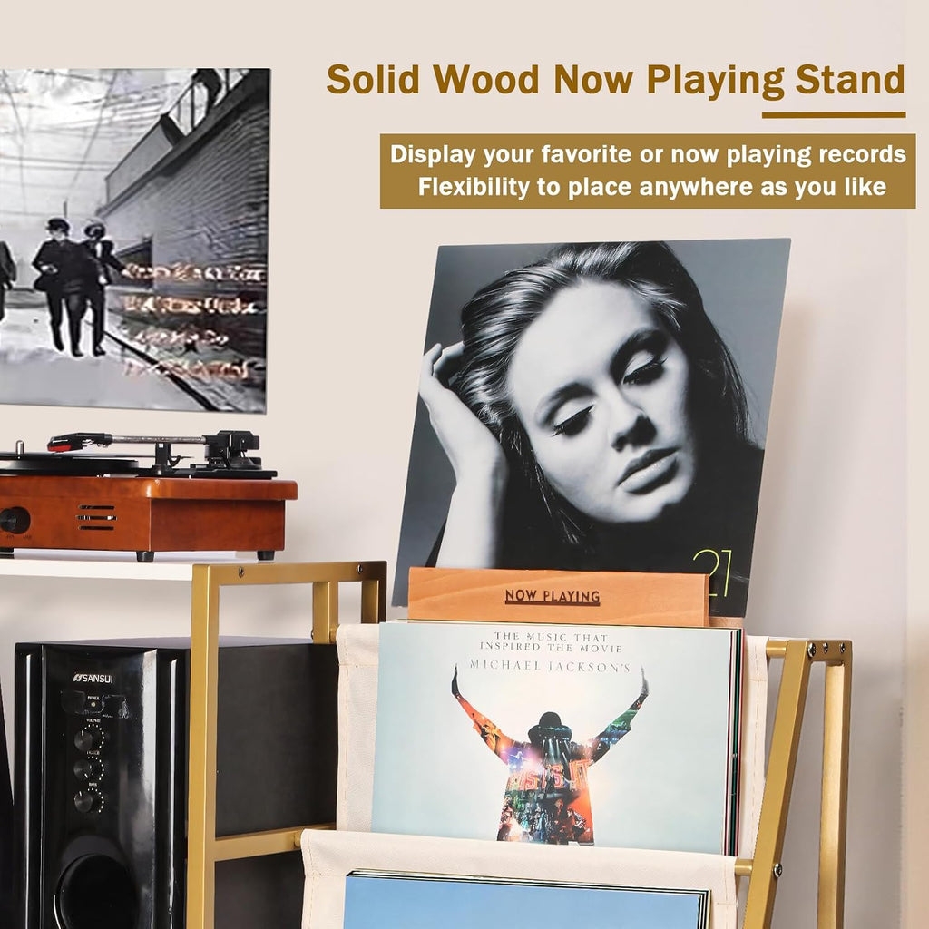 Stand for Record Player, 3 Tier Vinyl Record Storage with Now Playing Holder, Turntable Stand, Vinyl Display with Speaker Storage for Living Room, Gold White