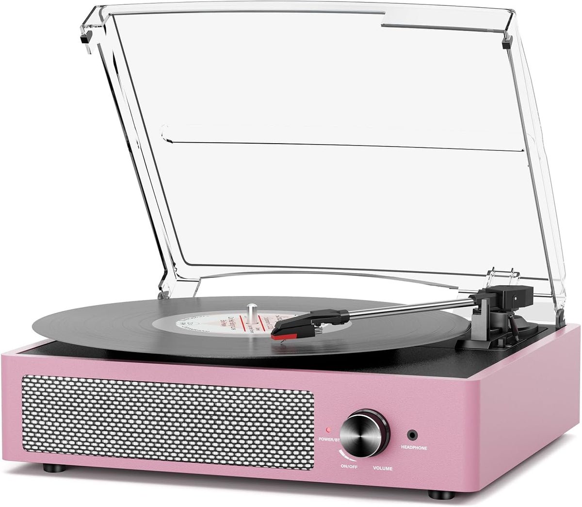 Record Player with Speakers Belt-Driven Vintage Turntables 3 Speed 3 Size Wireless Bluetooth Playback Aux-In RCA Out Headphone LP Vinyl Players Auto Stop Purple Pink