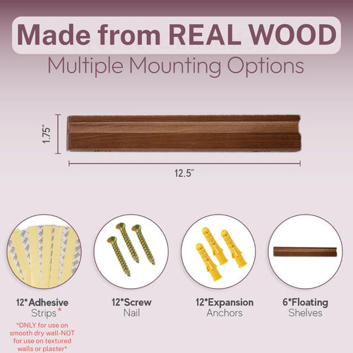 Vinyl Wall Mount Pack of 6 Pinewood Vinyl Record Holder Wall Mount with 2 Mounting Options Vinyl Shelf Walnut Stain Finish Vinyl Record Display - Vinyl Record Shelf - Vinyl Record Wall Mount