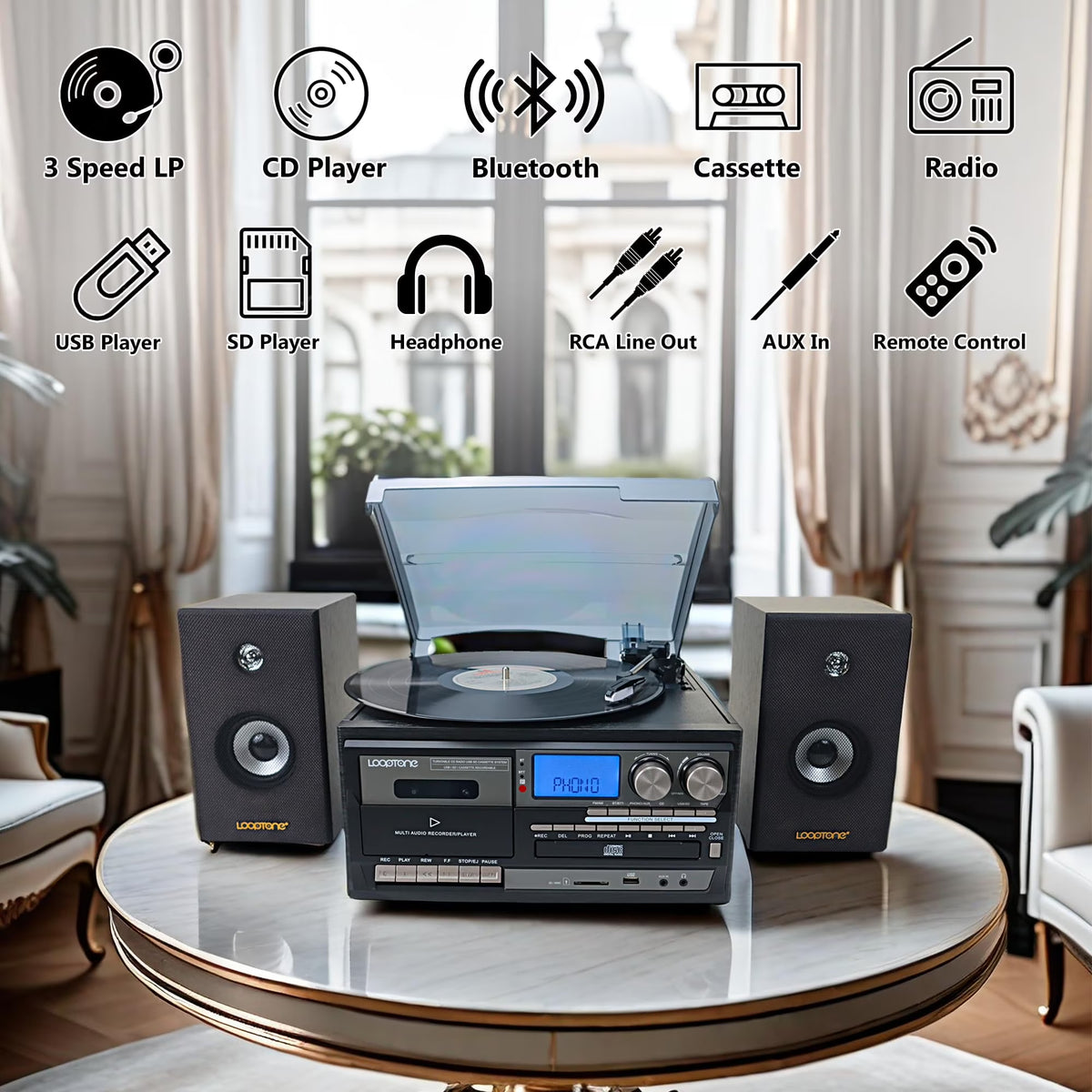 Vinyl Record Player with Dual 15W External Speakers 10 in 1 3 Speed Bluetooth Vintage Turntable CD Cassette Player AM/FM Radio USB Recorder Aux-In RCA Line-Out
