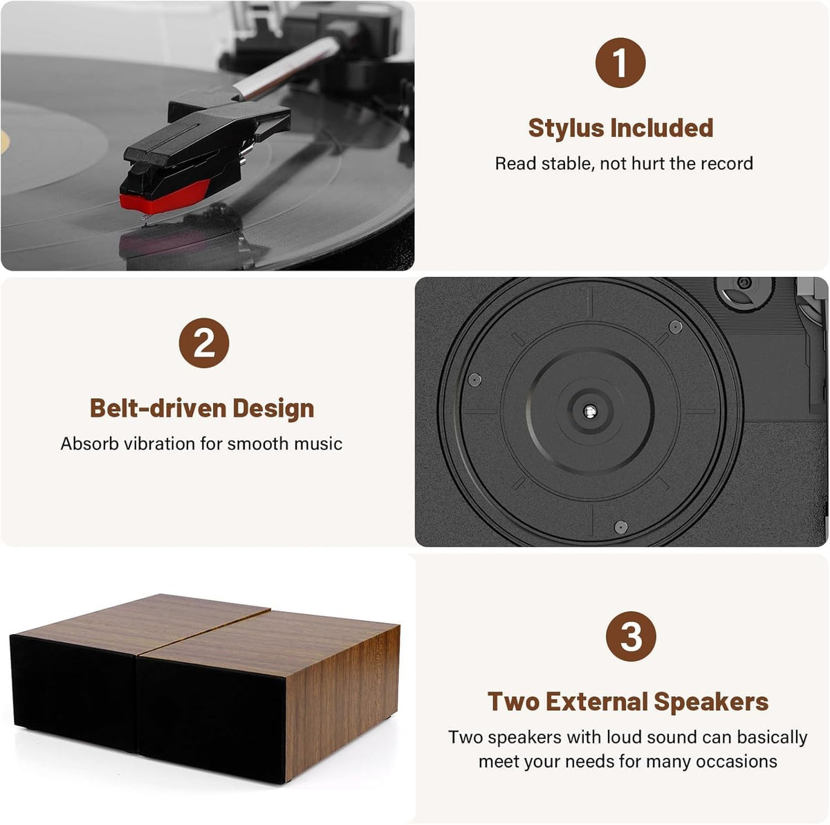 Vinyl Record Player with 2 External Stereo Speakers, Bluetooth, 3-Speed