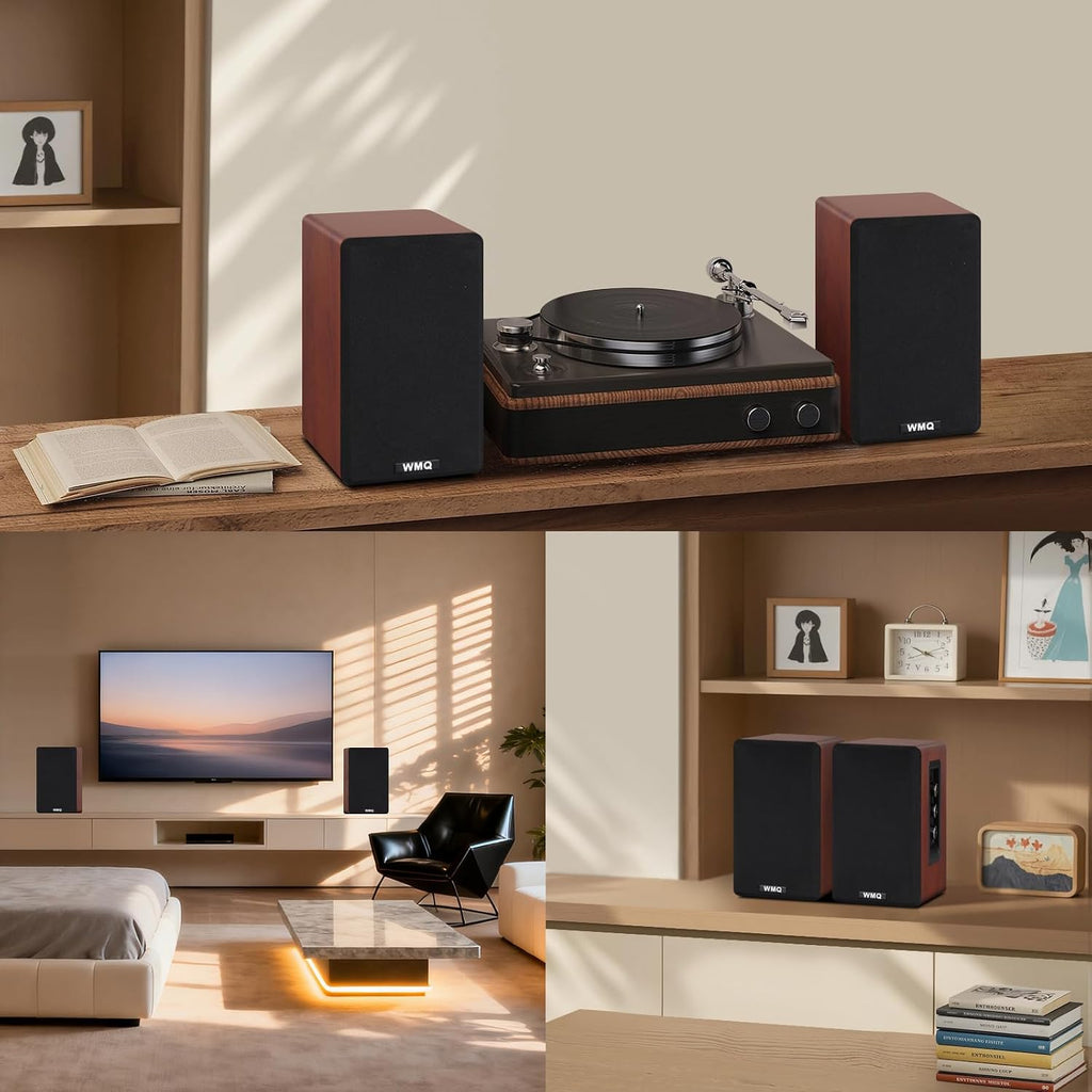Powered Bluetooth 5.3 Bookshelf Speakers with Remote & LED Display, 3.5" Carbon Fiber Woofer, RCA AUX Input, Wooden Wired Wireless Speakers for Turntable, PC, TV, Gaming, Brown