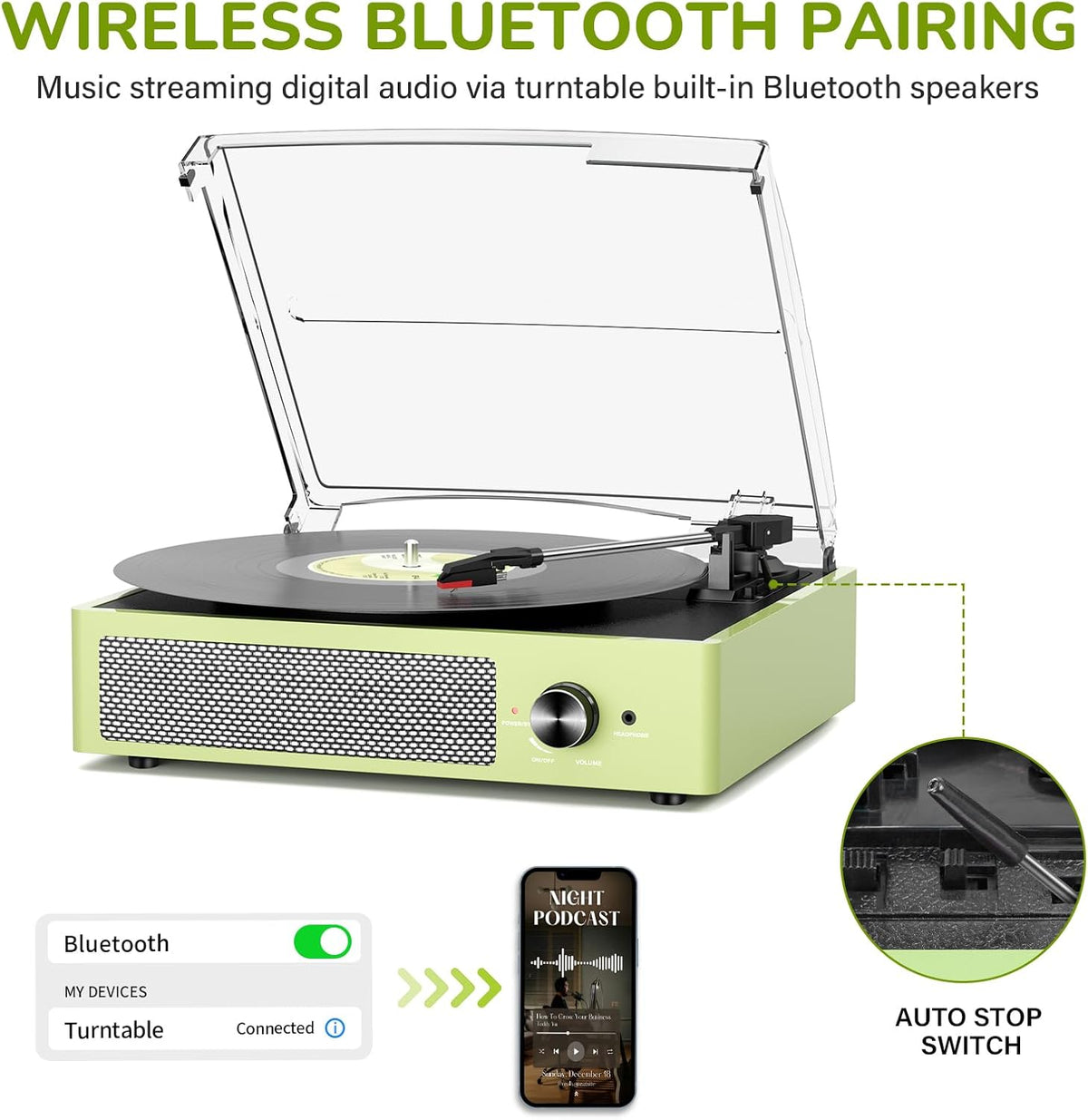 Vinyl Record Player with 2 Stereo Speakers Belt-Driven Vintage Turntables 3 Speed 3 Size Wireless Bluetooth Playback Aux-In RCA Out Headphone LP Vinyl Players Auto Stop Light Green