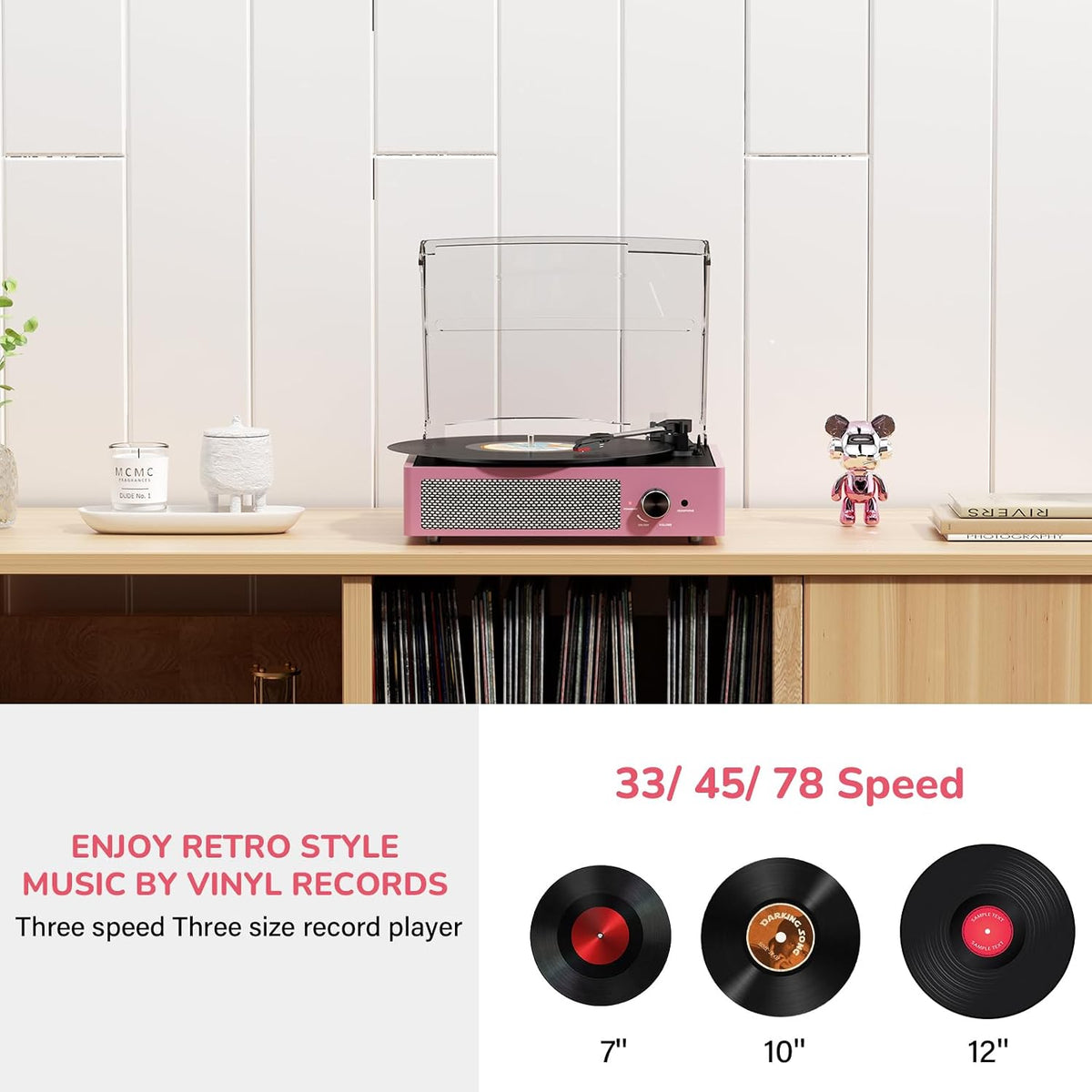 Record Player with Speakers Belt-Driven Vintage Turntables 3 Speed 3 Size Wireless Bluetooth Playback Aux-In RCA Out Headphone LP Vinyl Players Auto Stop Purple Pink