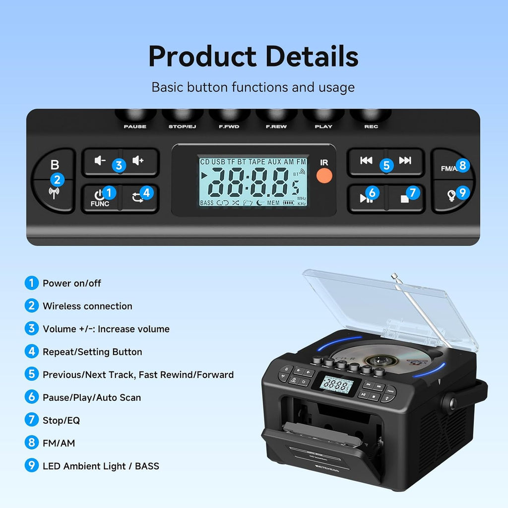 TR642 Boombox with CD and Cassette Player, Portable AM FM Radio