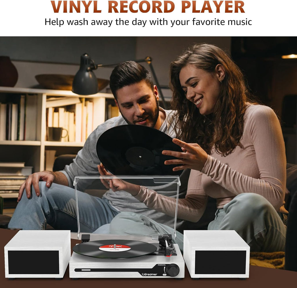 Vinyl Record Player with External Speakers, Bluetooth Turntable, White