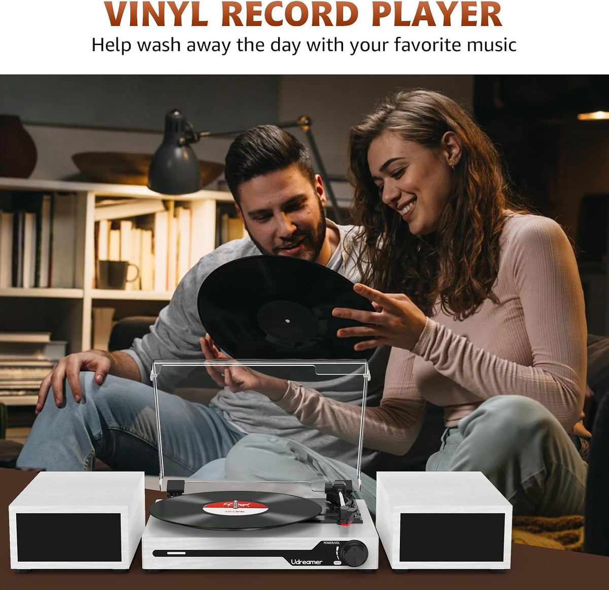 Vinyl Record Player with External Speakers, Bluetooth Turntable, White