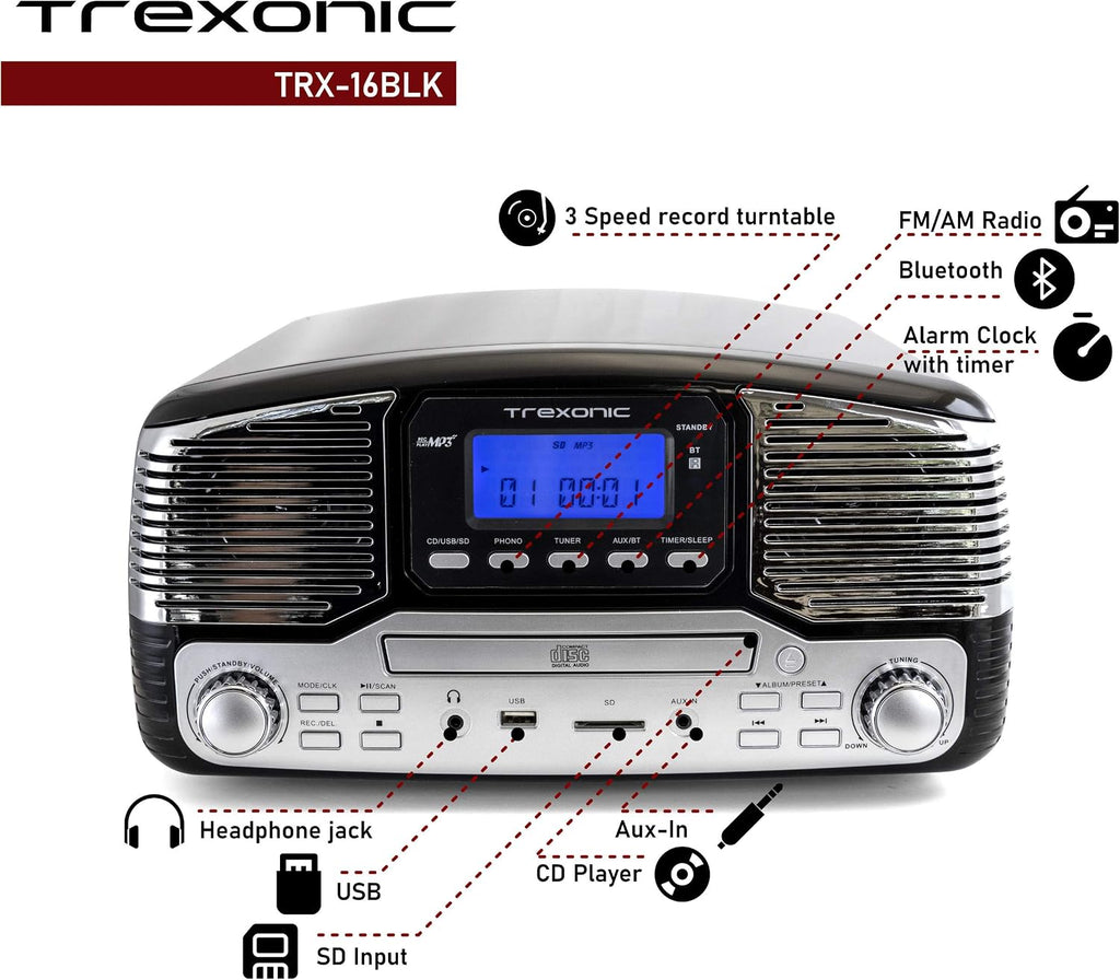 Retro Record Player with Bluetooth, CD Players and 3-Speed Turntable in Black