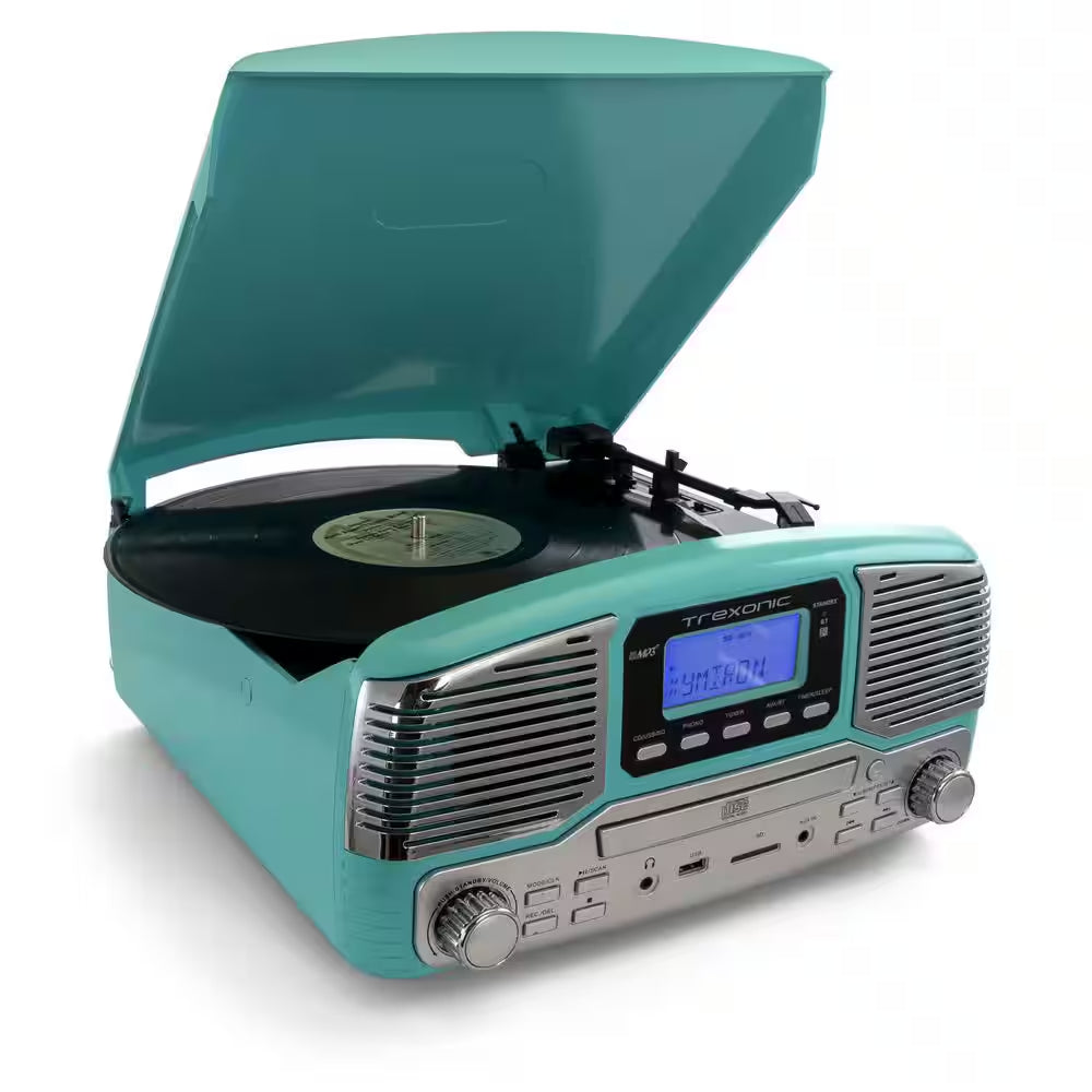 Retro Record Player with Bluetooth, CD Players and 3-Speed Turntable in Turquoise