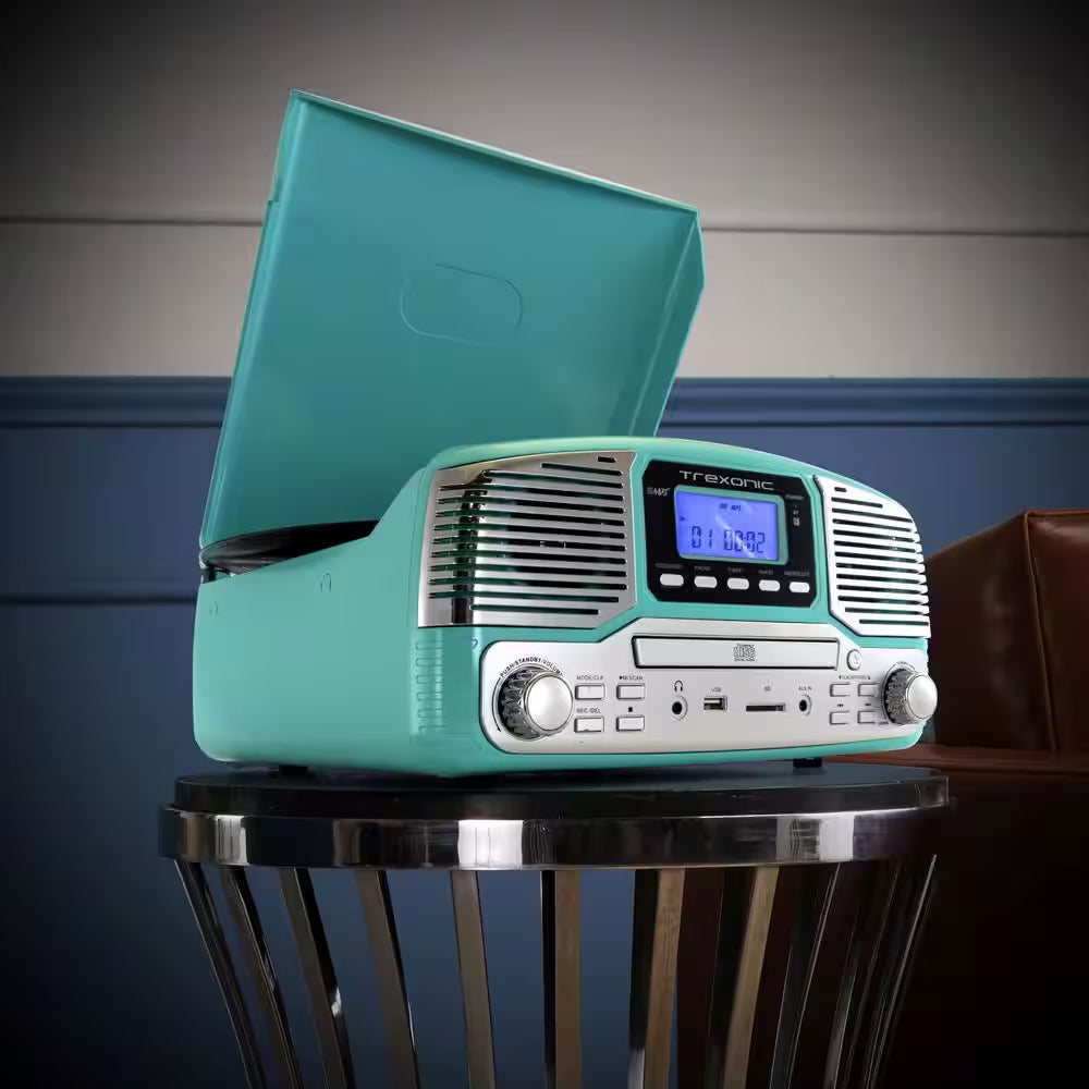 Retro Record Player with Bluetooth, CD Players and 3-Speed Turntable in Turquoise