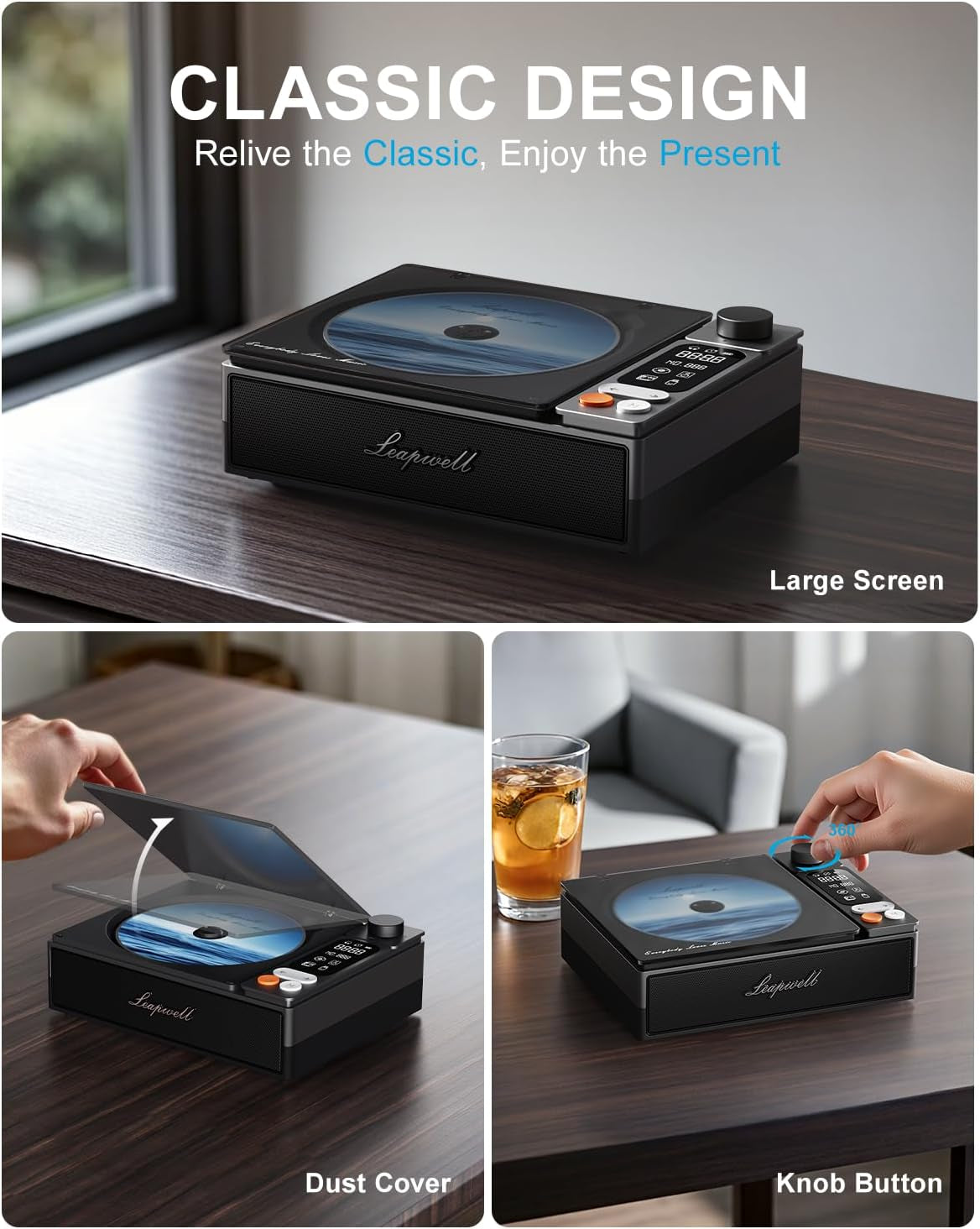 CD Player Portable Bluetooth Desktop CD Players for Home with Speakers Rechargeable Small Retro CD Player with LCD Screen Optical USB Black