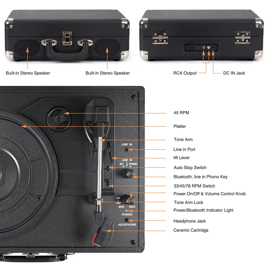 Vinyl Record Player with Speakers,Turntables for Vinyl Records,Portable Suitcase Vinyl Player (Tocadiscos De Vinilo),Black