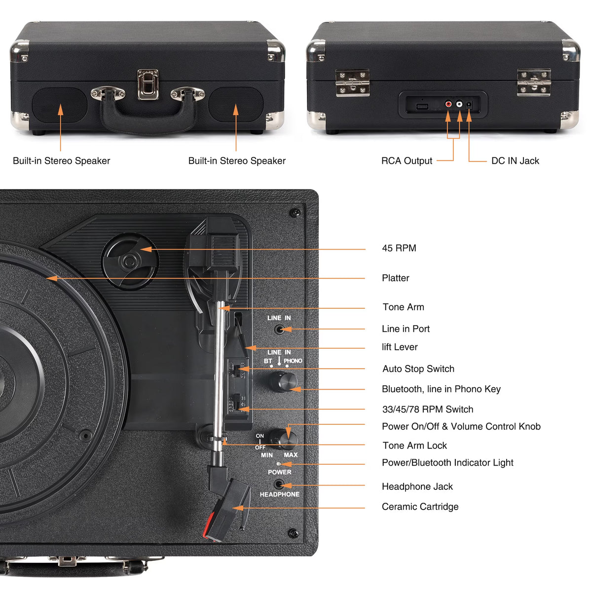 Vinyl Record Player with Speakers,Turntables for Vinyl Records,Portable Suitcase Vinyl Player (Tocadiscos De Vinilo),Black
