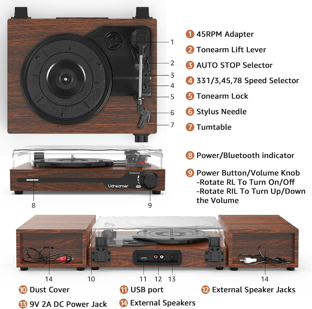 Vinyl Record Player with External Speakers, Bluetooth Turntable, Coffee