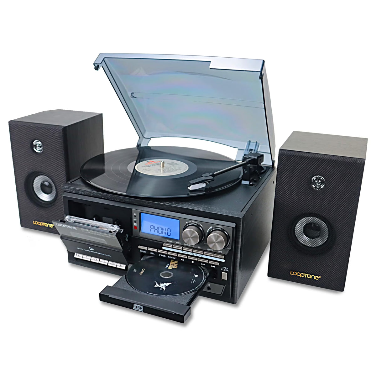 Vinyl Record Player with Dual 15W External Speakers 10 in 1 3 Speed Bluetooth Vintage Turntable CD Cassette Player AM/FM Radio USB Recorder Aux-In RCA Line-Out