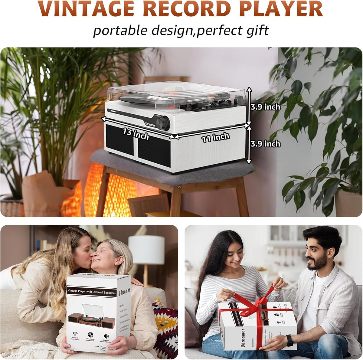 Vinyl Record Player with External Speakers, Bluetooth Turntable, White