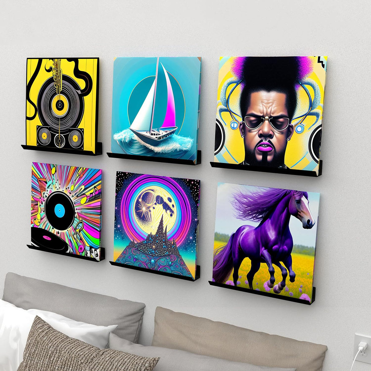 Vinyl Record Wall Mount, 12 Inch Black Acrylic Record Shelf, 6 Pack Vinyl Record Wall Display Holder for Daily LP Listening