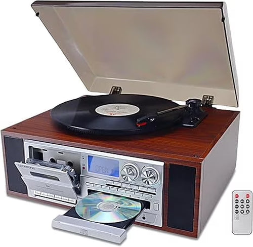 10 in 1 Vinyl Record Player 3 Speed Bluetooth Vintage Automatic Turntable CD Cassette Player AM/FM Radio USB Recorder Aux-In RCA Line-Out
